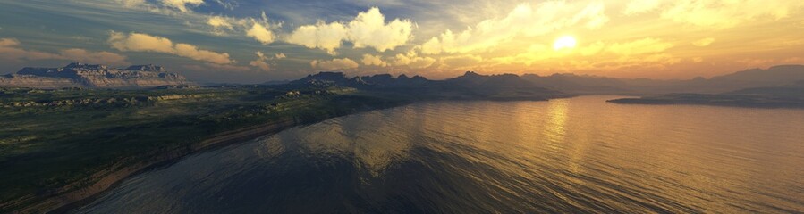 Beautiful sea bay at sunset, bay view from above, sunset over the lagoon, rocky bay at sunrise, 3d rendering