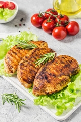 Balsamic rosemary grilled chicken breasts. Healthy dinner. Selective focus, space for text.