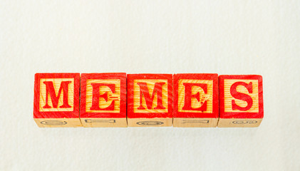 The term memes visually displayed on a clear background using colorful wooden toy blocks image in...