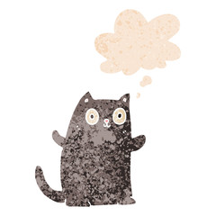 cartoon cat and thought bubble in retro textured style