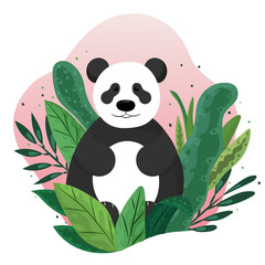 Hand drawn vector illustration of a cute cartoon panda sitting on a green leaves. Isolated on white background. Poster or t-shirt design.