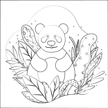 Hand drawn vector illustration of a cute cartoon panda sitting on leaves. Sketch style. Line art. Isolated on white background. Poster or t-shirt design.
