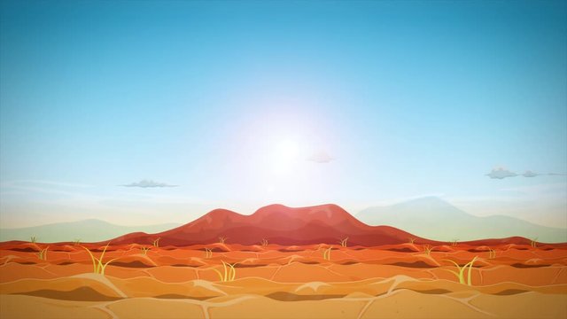 Far West Desert Seamless Landscape Animation Loop/ 4k seamless looped animation of a far west desert landscape background, with moutains in the sunset and sunshine with optical flares effect