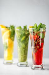 Three types of alcoholic fruit drinks. Concept for drinks, summer, heat, alcohol, party and bar.