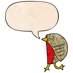 cartoon bird and speech bubble in retro texture style