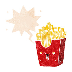 cute cartoon box of fries and speech bubble in retro textured style