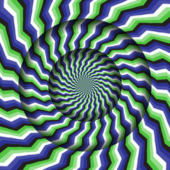 Abstract round frame with a rotating green blue stripes pattern. Optical illusion hypnotic background.