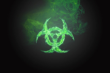 Green Biohazard Symbol on Black Background. Sign of biological hazard. The concept of chemical waste, pollution of the nature, radiation waste