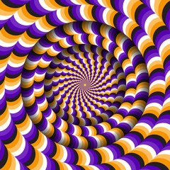 Abstract round frame with a rotating purple orange wavy pattern. Optical illusion hypnotic background.