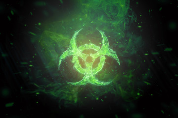 Green Biohazard Symbol on Black Background. Sign of biological hazard. The concept of chemical waste, pollution of the nature, radiation waste