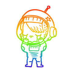 rainbow gradient line drawing cartoon crying astronaut girl