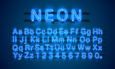 Neon city color blue font. English alphabet and numbers sign. © hobbitfoot