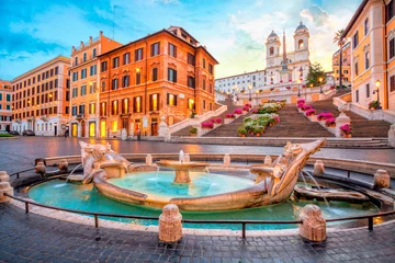  Piazza DE Spagna in Rome, Italië. Spaanse trappen in de ochtend. Rome architectuur en mijlpaal. © Vladimir Sazonov