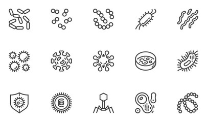 Bacteria, Microbe and Virus Vector Line Icons Set. Viral and Bacterial Infection, Colony of Bacteria, Petri Dish. Editable Stroke. 48x48 Pixel Perfect.