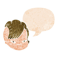 cartoon female face and speech bubble in retro textured style