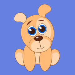 A little cute dog of beige color with kind eyes is sitting on the ground on a white background.