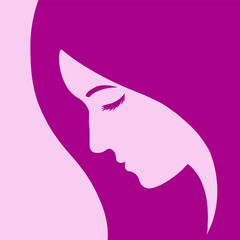 Purple silhouette of a beautiful girl's face on a white background.