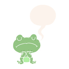 cartoon frog waiting patiently and speech bubble in retro style