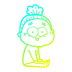 cold gradient line drawing cartoon happy old woman