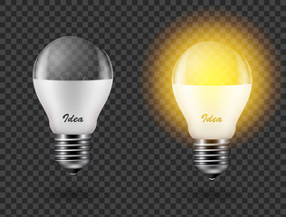 Vector image of a light bulb. Realistic 3d object on a transparent background. The effect of light. The symbol of creativity and ideas.