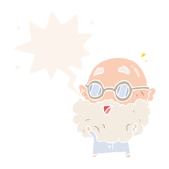 cute cartoon surprised old man and speech bubble in retro style