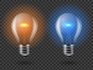 Vector image of a light bulb. Realistic 3d object on a transparent background. The effect of light. The symbol of creativity and ideas.