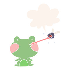 cute cartoon frog catching fly and tongue and speech bubble in retro style
