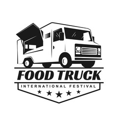 Vector logo in monochrome style. Black and white illustration on the theme of private business. Family business. Food truck. Fast food, a car with food. Vegetable groceries. Image for logo, emblem. - 276318436
