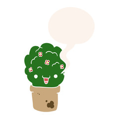 cartoon shrub in pot and speech bubble in retro style