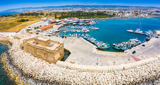 Cyprus. Pathos. The Paphos castl panoramic view from the sea. The medieval port castle in the harbour. The museums of Cyprus. Mediterranean coast. Tourist landmarks Paphos. Travel to Cyprus.