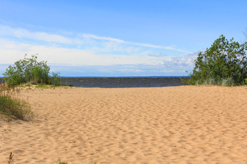 Large waves of sea and the sandy beach