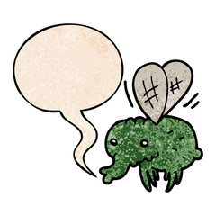 cartoon fly and speech bubble in retro texture style