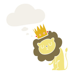 cartoon lion with crown and thought bubble in retro style