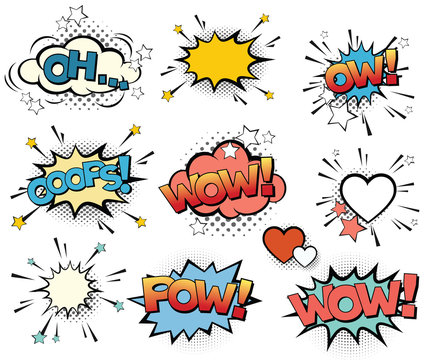 Set of vector pop art signs and comic cartoon bubbles and elements with halftone shadows