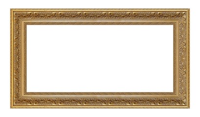 Panoramic golden frame for paintings, mirrors or photo isolated on white background