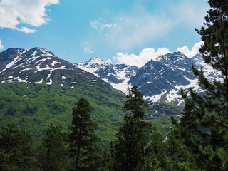 Snow in high mountains in summer. picturesque landscape on a Sunny day