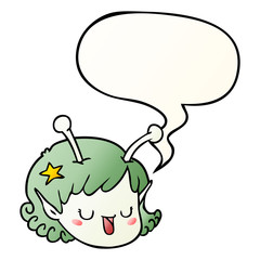 cartoon alien space girl face and speech bubble in smooth gradient style