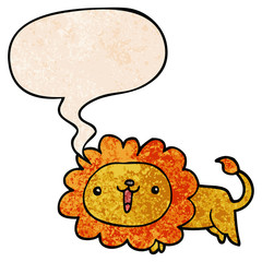 cute cartoon lion and speech bubble in retro texture style