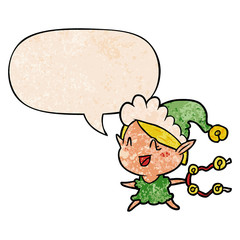 cartoon happy christmas elf and speech bubble in retro texture style