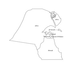 Vector isolated illustration of simplified administrative map of Kuwait. Borders of the governorates. Black line silhouettes