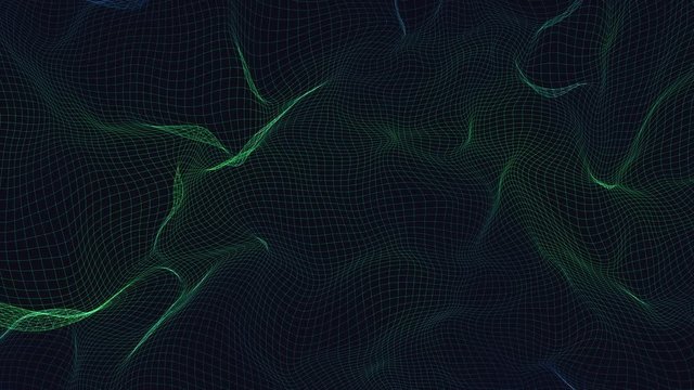 Technology dark abstract network colorful background. Futuristic wireframe lowpoly energy 3d animation loop CGI green blue