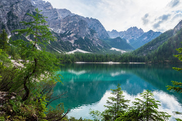 Naklejka na ściany i meble Lago di Braies, beautiful lake in the Dolomites.