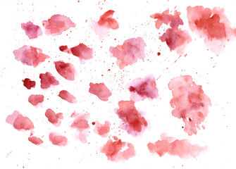 Watercolor bloody red splashes texture background. Hand drawn blood blots drawing.