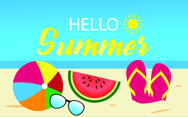 Hello Summer vector banner design in beach sand, under the sun, seaside, watermelon, sunglasses, beach ball, slippers elements in sky blue beach background.