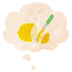cartoon sliced lemon and thought bubble in retro textured style