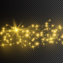 The dust is yellow. yellow sparks and golden stars shine with special light. Vector sparkles on a transparent background. Christmas light effect. Sparkling magical dust particles.
