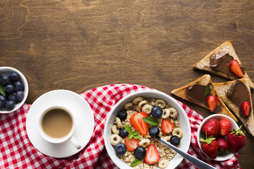 Flat lay breakfast table with copyspace