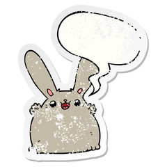 cartoon rabbit and speech bubble distressed sticker