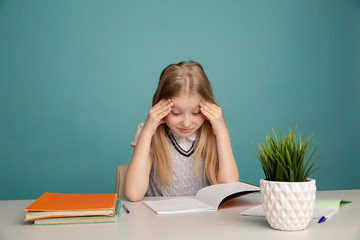 education and school concept - smiling little student girl with many books at school