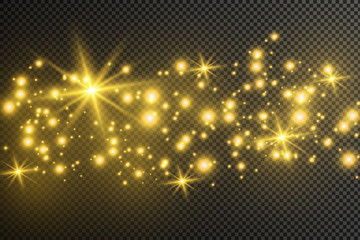 The dust is yellow. yellow sparks and golden stars shine with special light. Vector sparkles on a transparent background. Christmas light effect. Sparkling magical dust particles.